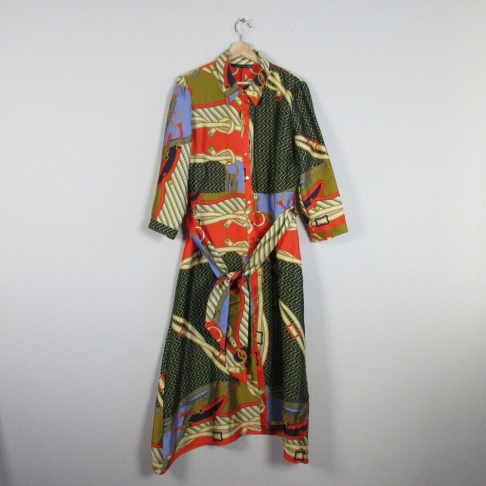 Zara Women Scarf Chain Print Long Satin Shirt Midi Dress Long Sleeve XL 262